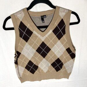 5/$25 G Tan Brown White Argyle Cropped V Neck Sweater Vest M